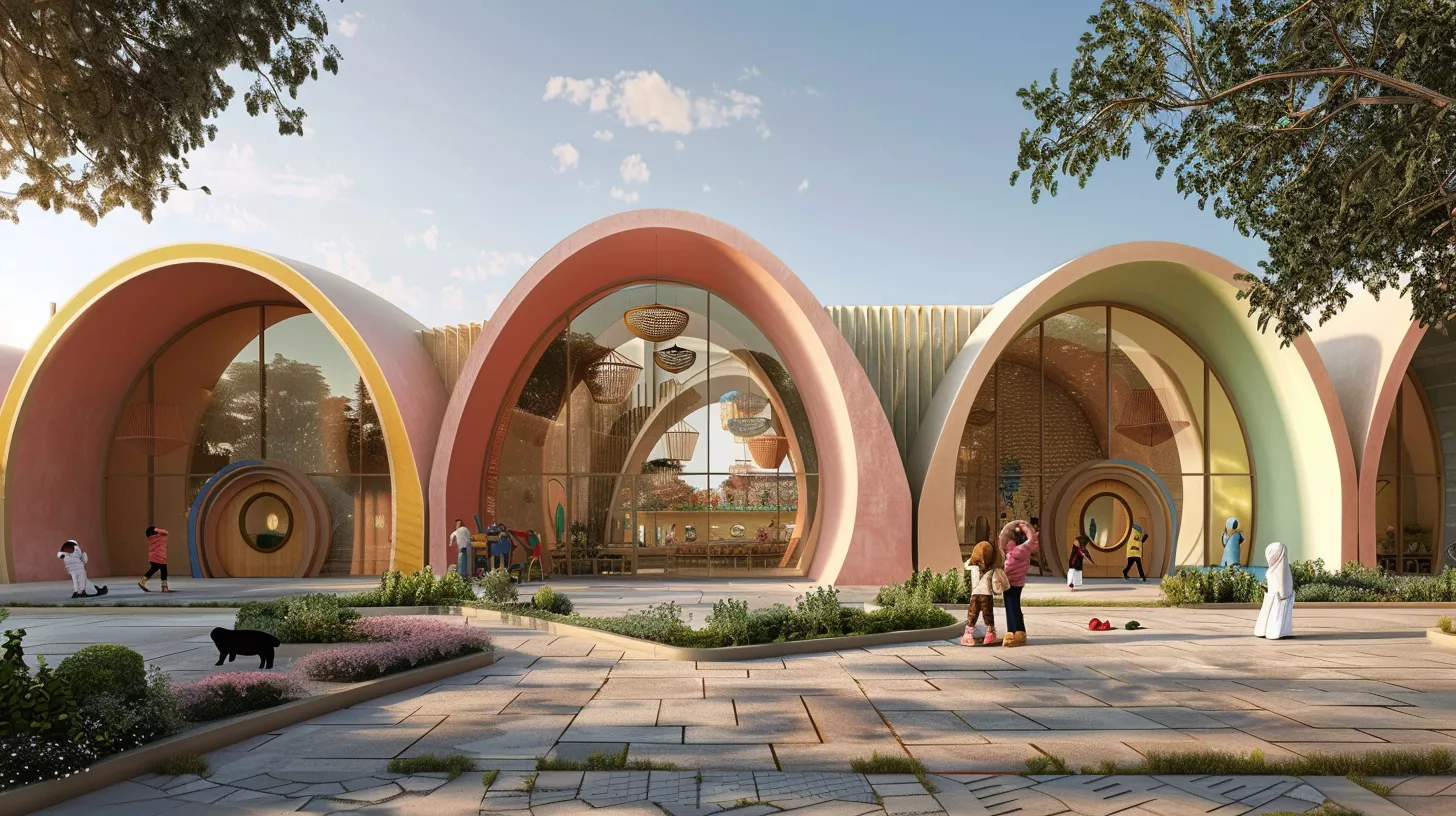 A luxurious architectural facade for a model kindergarten in Saudi Arabia, with international touches and inspiring trendy colors. A luxurious architectural facade for a model kindergarten in Saudi Arabia, with international touches and inspiring trendy colors.